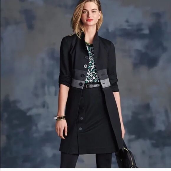 CABI Black Gray Striped Convertible Long Jacket Size Large L - Picture 1 of 9